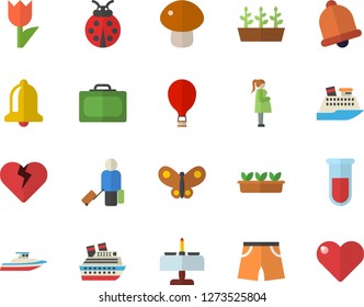 Color flat icon set mushroom flat vector, ladybird, tulip, seedlings, butterflies, blood test, gestation, athletic shorts, balloon fector, luggage, suitcase, romantic dinner, cruise ship, yacht