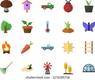 Color flat icon set mushroom flat vector, thermometer, windmill, ear, nesting box, home plant, pickup truck, carrot, tree, ladybird, seedlings, rake, planting plants, ladder, sun, butterflies