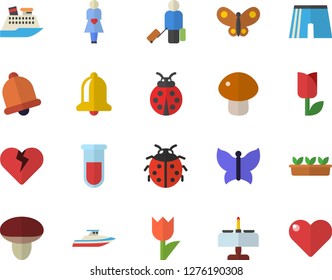 Color flat icon set mushroom flat vector, ladybird, tulip, seedlings, butterflies, blood test, gestation, athletic shorts, luggage fector, romantic dinner, cruise ship, yacht, bell, heart