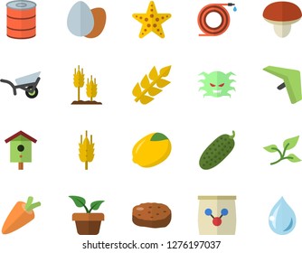 Color flat icon set mushroom flat vector, lemon, carrot, egg, canned food, cutlet, cucumber, ear, nesting box, home plant, hose, garden wheelbarrow, fertilizer vectory, tree leaf, virus, starfish