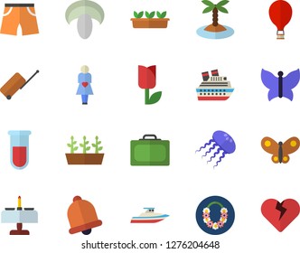 Color flat icon set mushroom flat vector, tulip, seedlings, butterflies, blood test, gestation, athletic shorts, balloon fector, luggage, suitcase, island, hawaiian wreath, romantic dinner, yacht