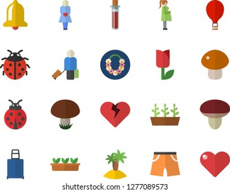 Color flat icon set mushroom flat vector, ladybird, tulip, seedlings, blood test, gestation, athletic shorts, balloon fector, luggage, island, hawaiian wreath, bell, heart