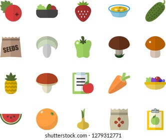 Color flat icon set mushroom flat vector, onion, carrot, watermelon, salad, soup, bell pepper, cucumber, cranberry, Strawberry, pineapple, orange, seeds, diet