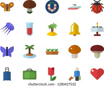 Color flat icon set mushroom flat vector, ladybird, tulip, seedlings, butterflies, blood test, luggage fector, suitcase, island, hawaiian wreath, romantic dinner, yacht, jellyfish, bell, heart
