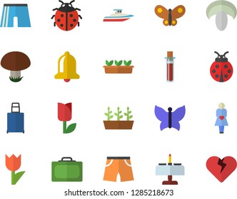 Color flat icon set mushroom flat vector, ladybird, tulip, seedlings, butterflies, blood test, gestation, athletic shorts, suitcase fector, luggage, romantic dinner, yacht, bell, heart