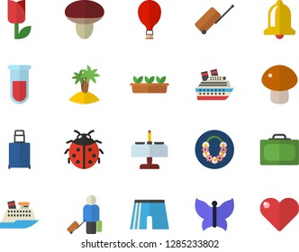 Color flat icon set mushroom flat vector, ladybird, tulip, seedlings, butterflies, blood test, athletic shorts, balloon fector, luggage, suitcase, island, hawaiian wreath, romantic dinner, bell