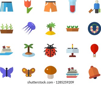 Color flat icon set mushroom flat vector, ladybird, tulip, seedlings, butterflies, blood test, athletic shorts, balloon fector, luggage, island, hawaiian wreath, romantic dinner, cruise ship, bell