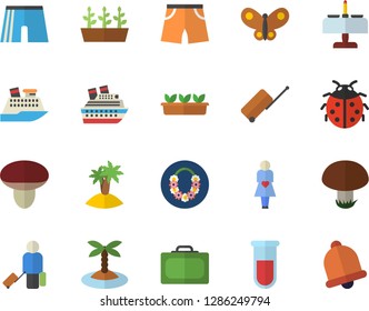 Color flat icon set mushroom flat vector, ladybird, seedlings, butterflies, blood test, gestation, athletic shorts, luggage fector, suitcase, island, hawaiian wreath, romantic dinner, cruise ship