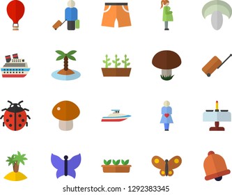 Color flat icon set mushroom flat vector, ladybird, seedlings, butterflies, gestation, athletic shorts, balloon fector, luggage, island, romantic dinner, cruise ship, yacht, bell