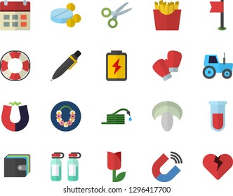 Color flat icon set mushroom flat vector, French fries, tractor, hose, tulip, battery, magnet, purse, pills, blood test, ampoule, pen, sports flag, boxing gloves, hawaiian wreath fector, lifebuoy