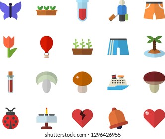 Color flat icon set mushroom flat vector, ladybird, tulip, seedlings, butterflies, blood test, athletic shorts, balloon fector, luggage, island, romantic dinner, cruise ship, bell, heart