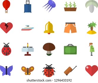 Color flat icon set mushroom flat vector, ladybird, seedlings, butterflies, gestation, athletic shorts, balloon fector, luggage, suitcase, island, romantic dinner, yacht, jellyfish, bell, heart