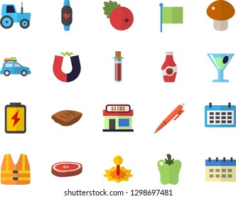 Color flat icon set mushroom flat vector, chop, bell pepper, cocktail, cranberry, ketchup, grain warehouse, tractor, battery, laser, flag, calendar, blood test, pen, magnet, fitness bracelet
