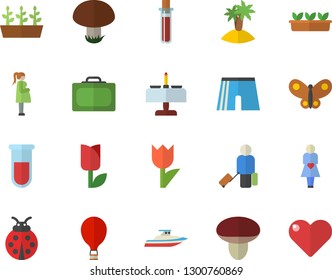 Color flat icon set mushroom flat vector, ladybird, tulip, seedlings, butterflies, blood test, gestation, athletic shorts, balloon fector, luggage, suitcase, island, romantic dinner, yacht, heart