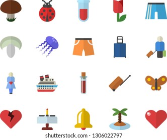 Color flat icon set mushroom flat vector, ladybird, tulip, butterflies, blood test, gestation, athletic shorts, luggage fector, island, romantic dinner, cruise ship, jellyfish, bell, heart