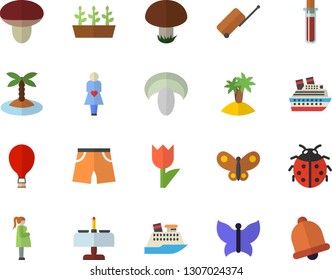 Color flat icon set mushroom flat vector, ladybird, tulip, seedlings, butterflies, blood test, gestation, athletic shorts, balloon fector, luggage, island, romantic dinner, cruise ship, bell