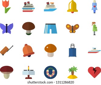 Color flat icon set mushroom flat vector, tulip, butterflies, gestation, athletic shorts, luggage fector, island, hawaiian wreath, romantic dinner, cruise ship, yacht, bell, heart