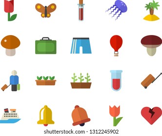 Color flat icon set mushroom flat vector, tulip, seedlings, butterflies, blood test, athletic shorts, balloon fector, luggage, suitcase, island, cruise ship, jellyfish, bell, heart