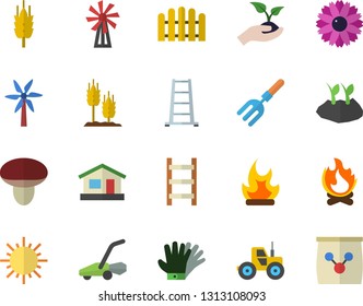 Color flat icon set mushroom flat vector, windmill, ear, flower, tractor, pitchfork, fence, seedlings, planting plants, ladder, house, sun, gloves, bonfire, lawn mower, fertilizer vectory