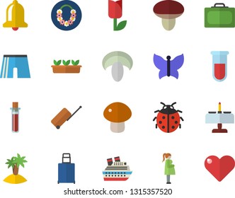Color flat icon set mushroom flat vector, ladybird, tulip, seedlings, butterflies, blood test, gestation, athletic shorts, luggage fector, suitcase, island, hawaiian wreath, romantic dinner, bell
