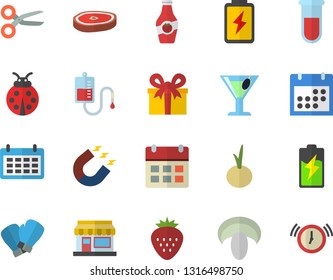 Color flat icon set mushroom flat vector, chop, onion, cocktail, Strawberry, ketchup, ladybird, grain warehouse, battery, magnet, calendar, present, blood transfusion, test, boxing gloves, scissors