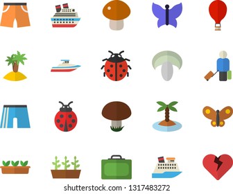 Color flat icon set mushroom flat vector, ladybird, seedlings, butterflies, athletic shorts, balloon fector, luggage, suitcase, island, cruise ship, yacht, heart