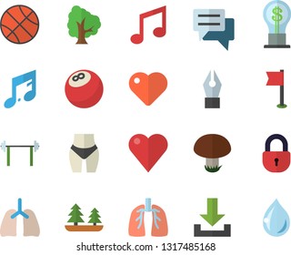 Color Flat Icon Set Mushroom Flat Vector, Tree, Forest, Idea, Chat, Heart, Lungs, Ink Pen, Barbell, Bowling Ball, Basketball, Waistline, Sports Flag, Download, Lock, Note, Drop