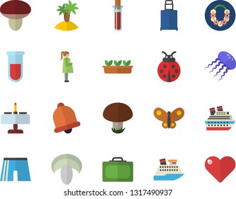 Color flat icon set mushroom flat vector, ladybird, seedlings, butterflies, blood test, gestation, athletic shorts, suitcase fector, luggage, island, hawaiian wreath, romantic dinner, cruise ship