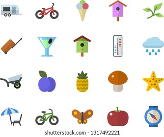 Color flat icon set mushroom flat vector, tomato, ice cream, cocktail, pineapple, plum, thermometer, nesting box, garden wheelbarrow, butterflies, rain, tree leaf, bicycle, trailer fector, luggage