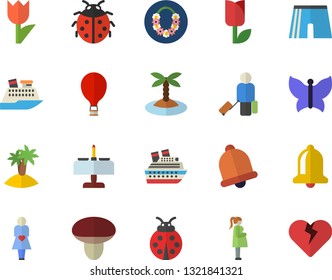 Color flat icon set mushroom flat vector, ladybird, tulip, butterflies, gestation, athletic shorts, balloon fector, luggage, island, hawaiian wreath, romantic dinner, cruise ship, bell, heart