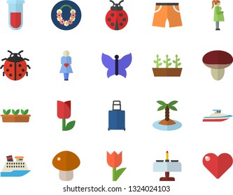 Color flat icon set mushroom flat vector, ladybird, tulip, seedlings, butterflies, blood test, gestation, athletic shorts, luggage fector, island, hawaiian wreath, romantic dinner, cruise ship