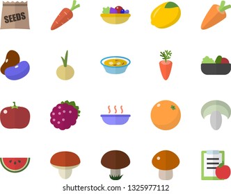 Color flat icon set mushroom flat vector, legumes, lemon, carrot, watermelon, salad, soup, onion, tomato, blackberry, orange, seeds, diet
