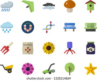 Color flat icon set mushroom flat vector, fish, jam, seeds, nesting box, tree, flower, pitchfork, garden wheelbarrow, lawn mower, rain, bench, virus, dna, hang glider fector, hawaiian wreath