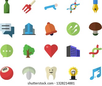 Color flat icon set mushroom flat vector, tree, pitchfork, glass bottles, chat, heart, DNA, sperm, tooth, office building, ink pen, bowling ball, push up, bell, lamp, note