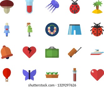 Color flat icon set mushroom flat vector, ladybird, seedlings, butterflies, blood test, gestation, athletic shorts, balloon fector, luggage, suitcase, island, hawaiian wreath, yacht, jellyfish, bell