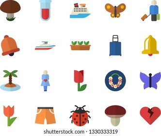 Color flat icon set mushroom flat vector, ladybird, tulip, seedlings, butterflies, blood test, gestation, athletic shorts, luggage fector, island, hawaiian wreath, cruise ship, yacht, bell, heart