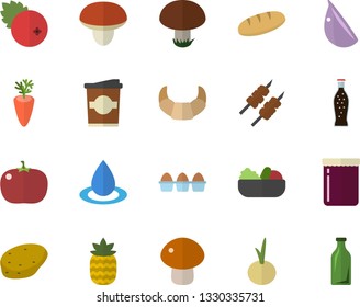 Color flat icon set mushroom flat vector, potato, croissant, egg, bread, salad, shashlik, carrot, garlic, onion, tomato, lemonade, coffe, jam, cranberry, pineapple, drop, glass bottles