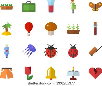 Color flat icon set mushroom flat vector, ladybird, tulip, seedlings, butterflies, blood test, gestation, athletic shorts, balloon fector, luggage, suitcase, island, romantic dinner, jellyfish, bell