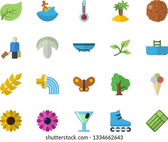 Color flat icon set mushroom flat vector, cutlet, ice cream, cocktail, thermometer, tree, flower, hose irrigation, butterflies, leaf, ear, roller Skates, luggage fector, sea beach, island, surfing