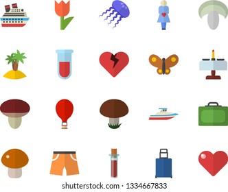Color flat icon set mushroom flat vector, tulip, butterflies, blood test, gestation, athletic shorts, balloon fector, suitcase, luggage, island, romantic dinner, cruise ship, yacht, jellyfish, heart