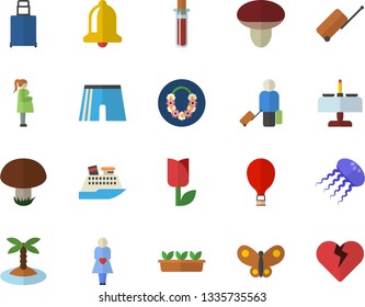 Color flat icon set mushroom flat vector, tulip, seedlings, butterflies, blood test, gestation, athletic shorts, balloon fector, luggage, island, hawaiian wreath, romantic dinner, cruise ship, bell