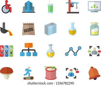 Color flat icon set mushroom flat vector, soda, seeds, chemistry, crane, metallurgy, hierarchy, scatter chart, disabled, medical analysis, computer, office building, recruitment, sticker, folder