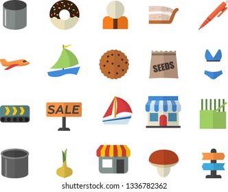 Color flat icon set mushroom flat vector, onion, piece of cake, donut, biscuit, seeds, conveyor, fabric manufacture, pipe production, store front, person, sell out, sailboat, pen, swimsuit, pointer