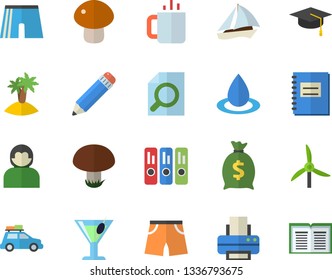 Color flat icon set mushroom flat vector, cocktail, tea, windmill, drop, wealth, notebook, magnifier, folder, printer, pencil, bachelor cap, athletic shorts, car fector, sailboat, island, user, book