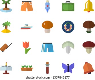 Color flat icon set mushroom flat vector, tulip, seedlings, butterflies, blood test, gestation, athletic shorts, luggage fector, suitcase, island, hawaiian wreath, romantic dinner, yacht, bell