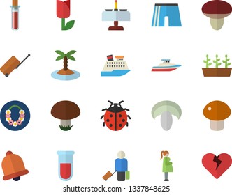 Color flat icon set mushroom flat vector, ladybird, tulip, seedlings, blood test, gestation, athletic shorts, luggage fector, island, hawaiian wreath, romantic dinner, cruise ship, yacht, bell