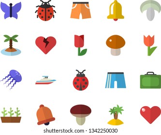 Color flat icon set mushroom flat vector, ladybird, tulip, seedlings, butterflies, athletic shorts, suitcase fector, island, yacht, jellyfish, bell, heart