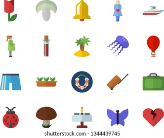 Color flat icon set mushroom flat vector, ladybird, tulip, seedlings, butterflies, blood test, gestation, athletic shorts, balloon fector, luggage, suitcase, island, hawaiian wreath, romantic dinner