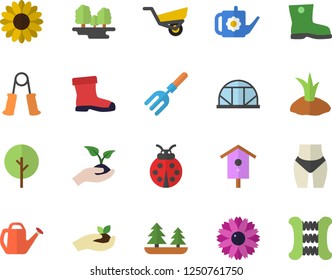 Color flat icon set nesting box flat vector, tree, flower, ladybird, pitchfork, seedlings, watering can, planting plants, garden wheelbarrow, gumboots, greenhouse, forest, waistline, carpal expander
