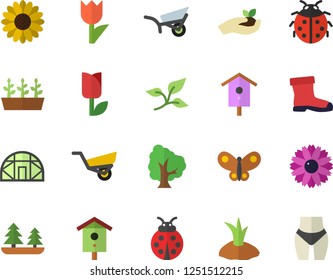Color flat icon set nesting box flat vector, tree, flower, ladybird, seedlings, planting plants, garden wheelbarrow, gumboots, tulip, butterflies, greenhouse, leaf, forest, waistline